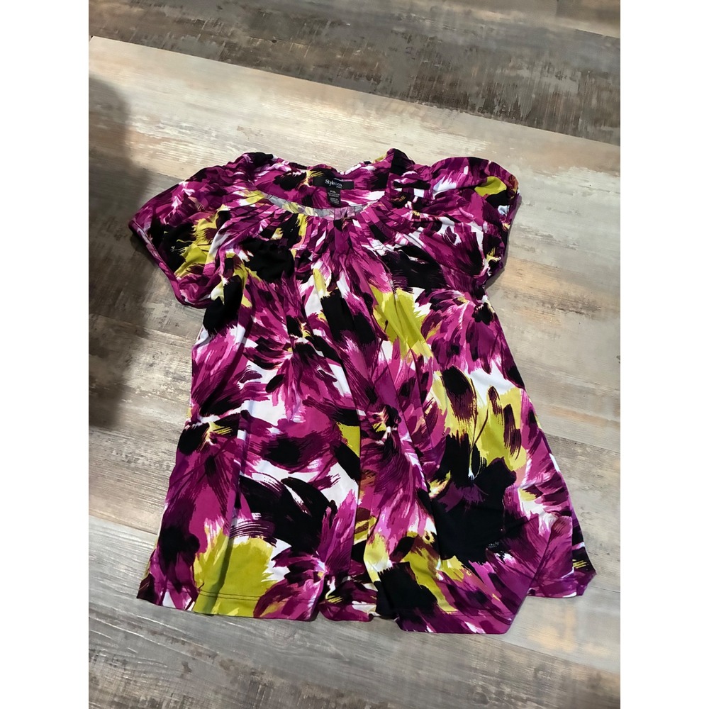 Style & Co Petite PXL Floral Pleated Blouse Magenta Green Black Short Sleeve
